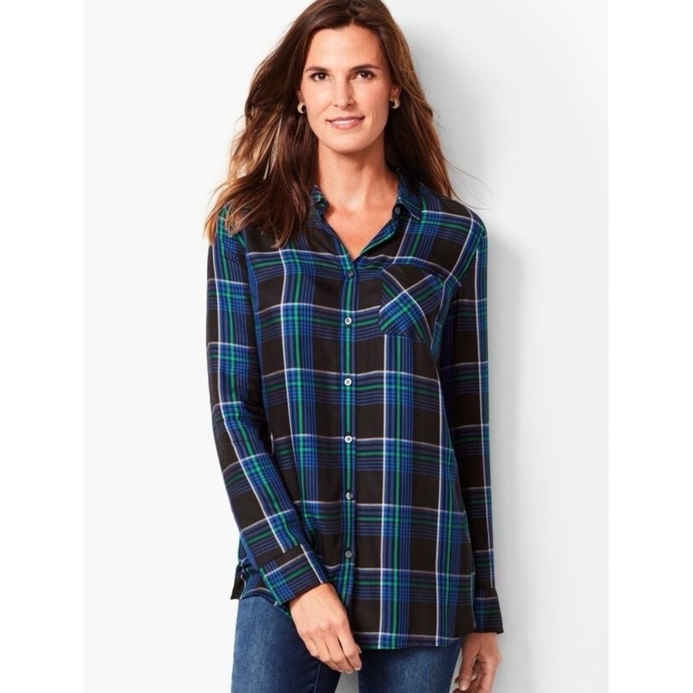 Talbots Buttonā Up Top Womens Size L Blue Plaid Long Sleeve Soft Comfy